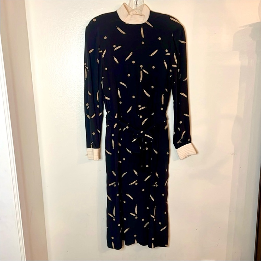 Vintage 80s Zandra Rhodes Black Ivory Silk Feather Print Midi Mock Neck Dress M